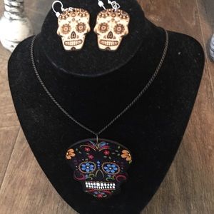 Wooden Sugar skull earrings and necklace